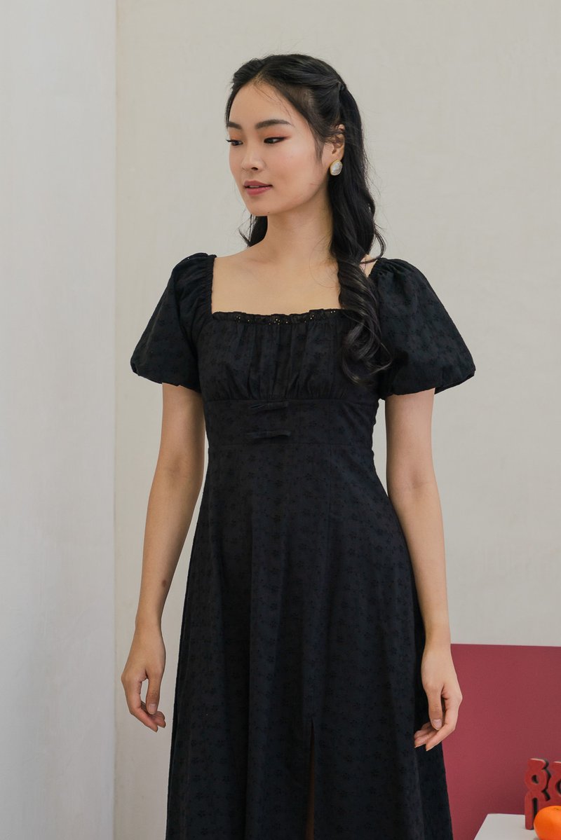 Brigette Eyelet Ruched Bow Midi Dress in Black