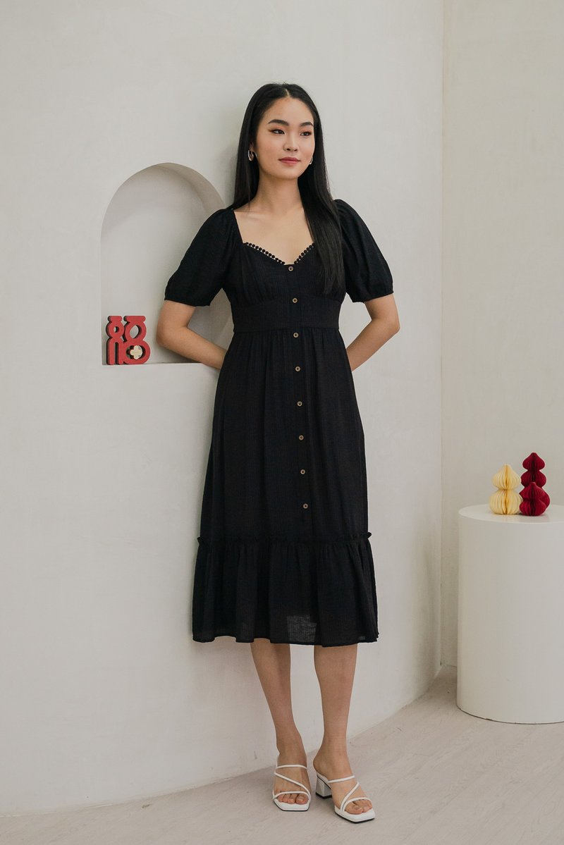 Tule Textured Front Button Midi Dress In Black
