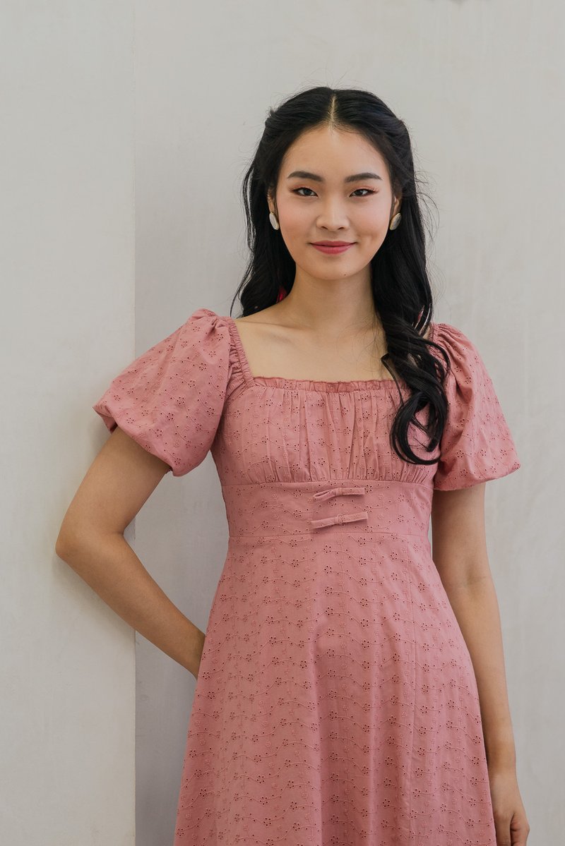 Brigette Eyelet Ruched Bow Midi Dress in Rose