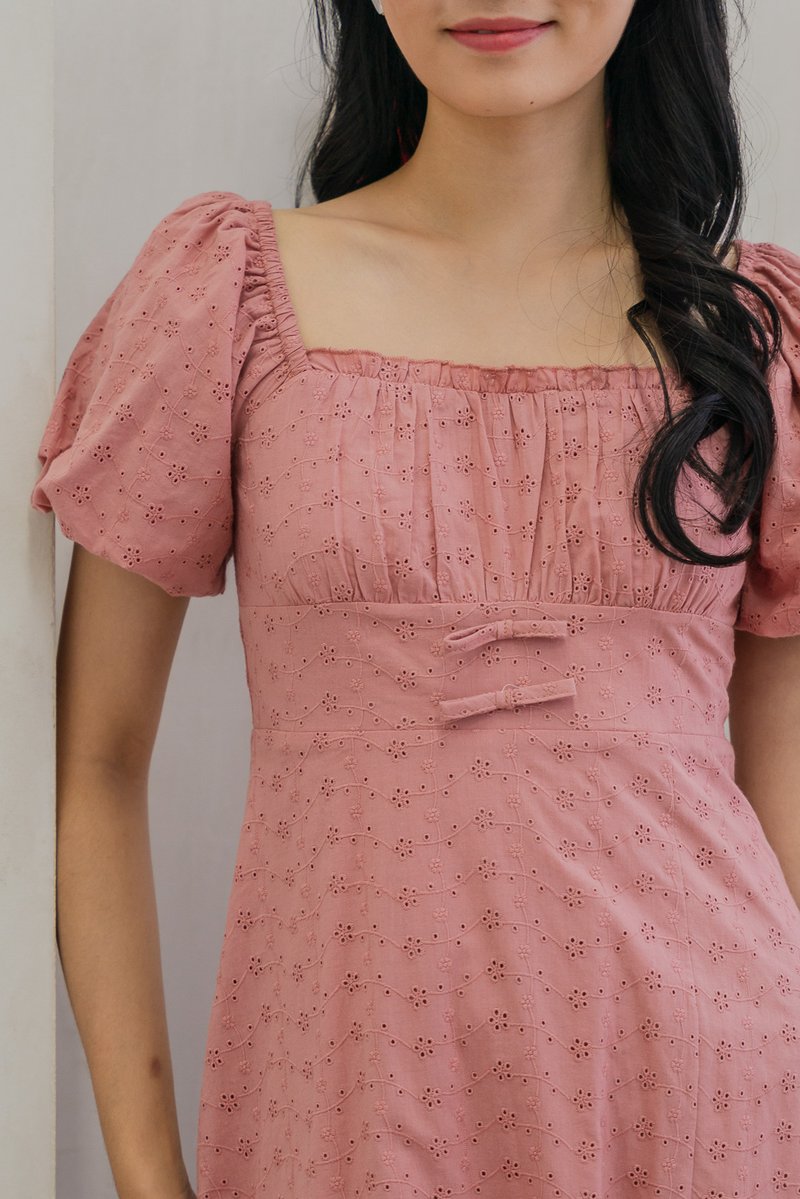 Brigette Eyelet Ruched Bow Midi Dress in Rose