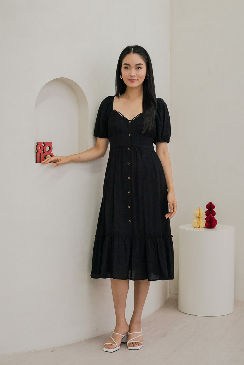 Tule Textured Front Button Midi Dress In Black
