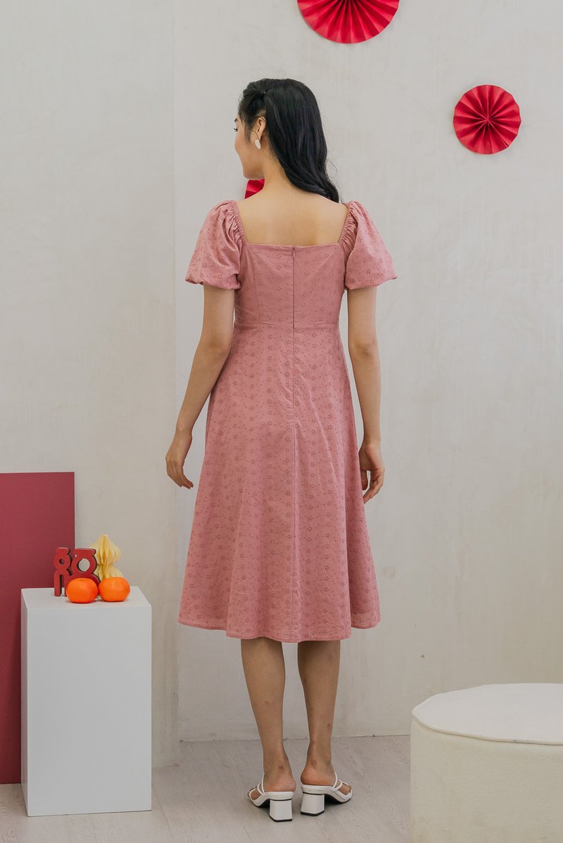 Brigette Eyelet Ruched Bow Midi Dress in Rose