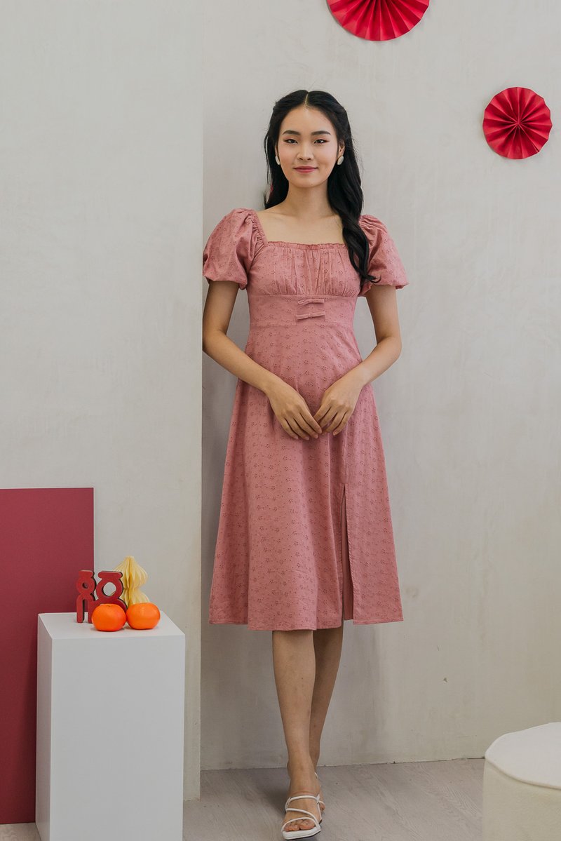 Brigette Eyelet Ruched Bow Midi Dress in Rose