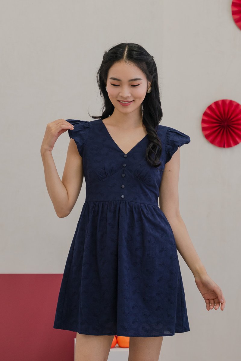 Edin Embroidery Empire Waist Dress in Navy