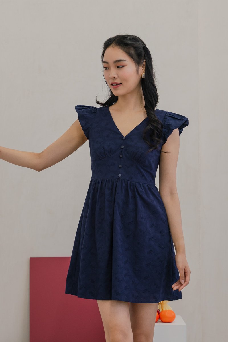 Edin Embroidery Empire Waist Dress in Navy