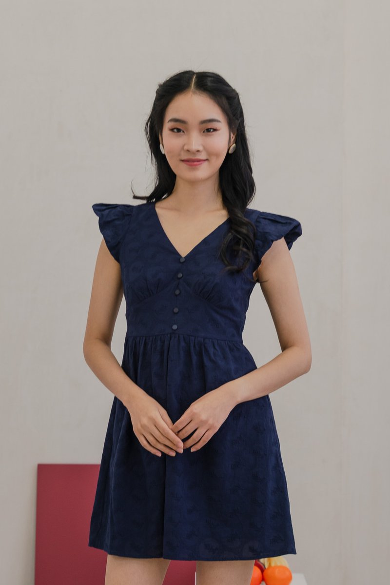 Edin Embroidery Empire Waist Dress in Navy