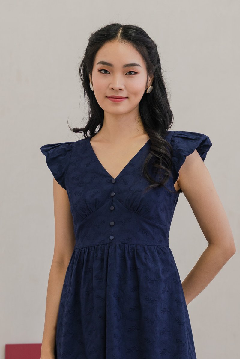 Edin Embroidery Empire Waist Dress in Navy