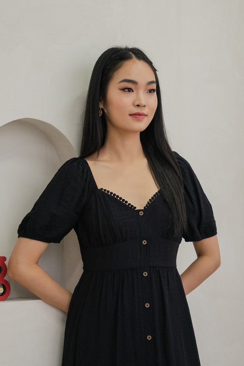 Tule Textured Front Button Midi Dress In Black