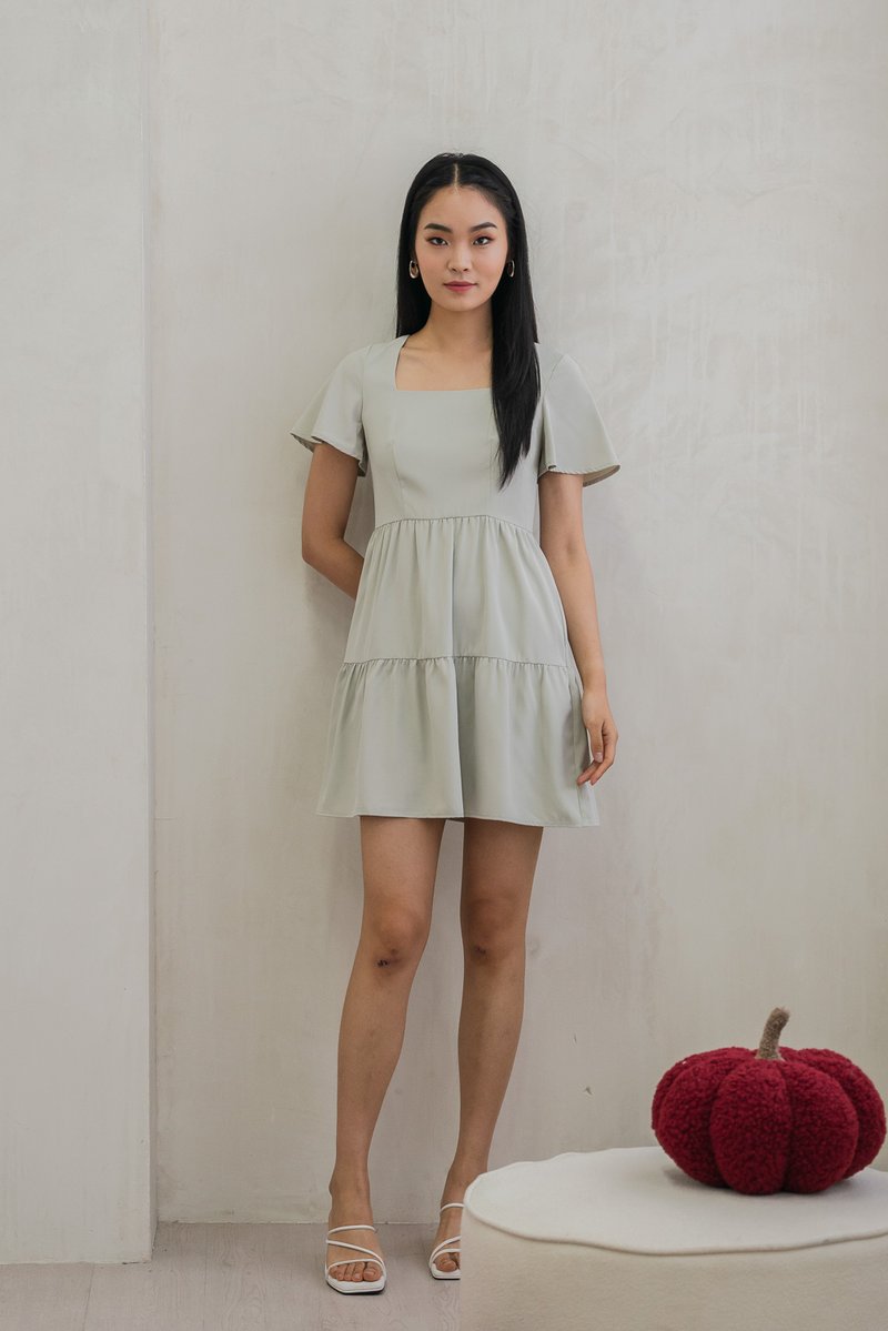 Nara Flare Sleeve Tiered Dress In Sage (XS)