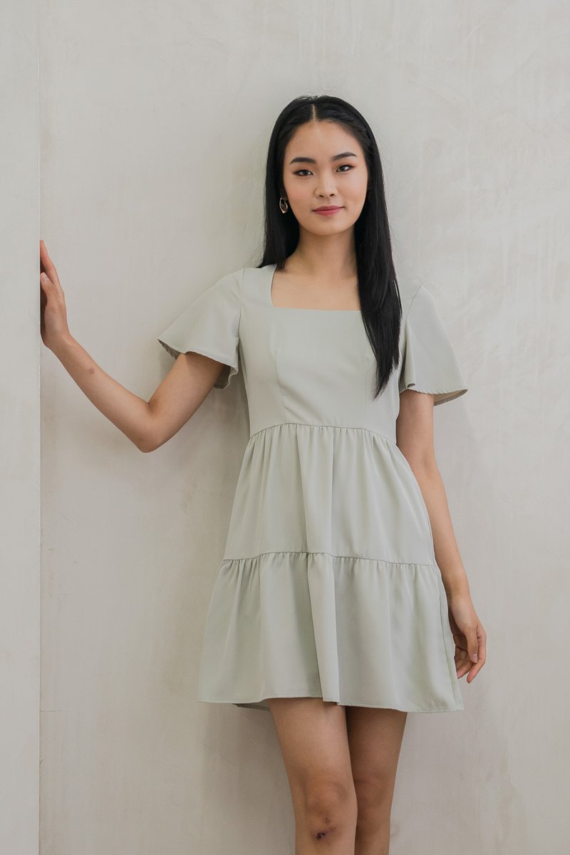 Nara Flare Sleeve Tiered Dress In Sage (XS)