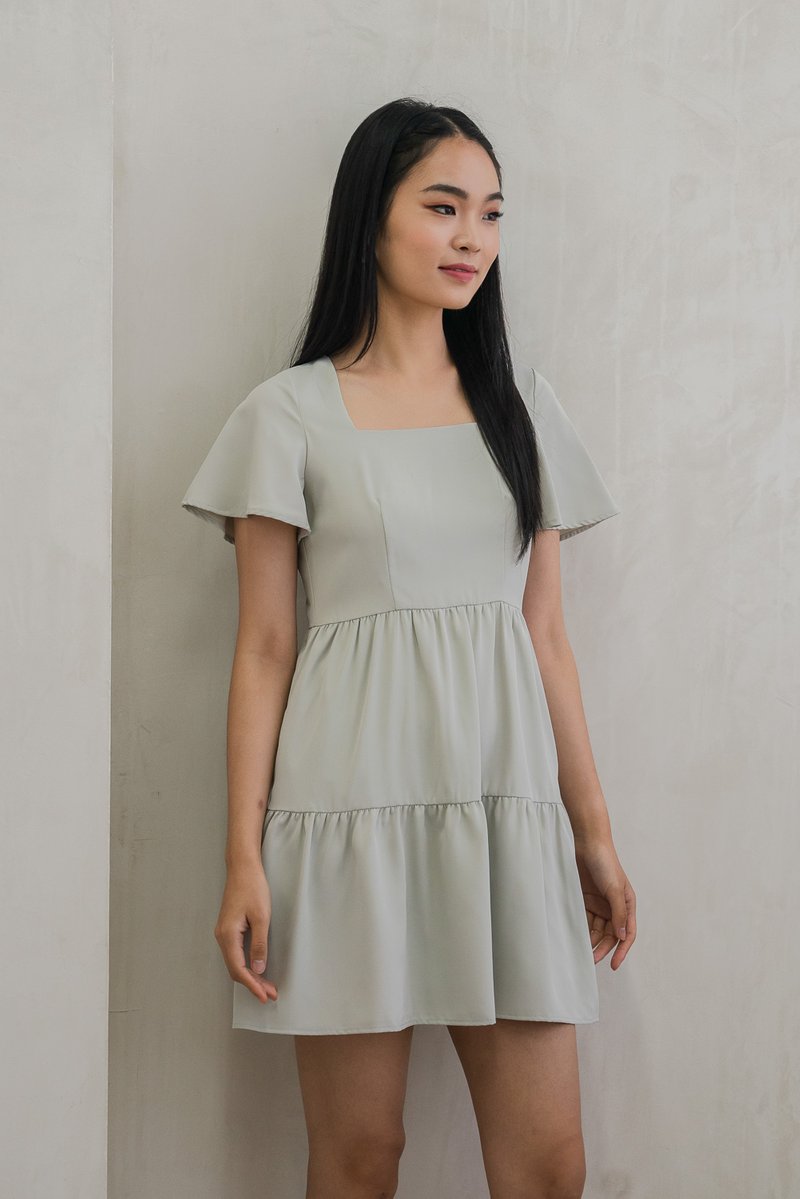 Nara Flare Sleeve Tiered Dress In Sage (XS)