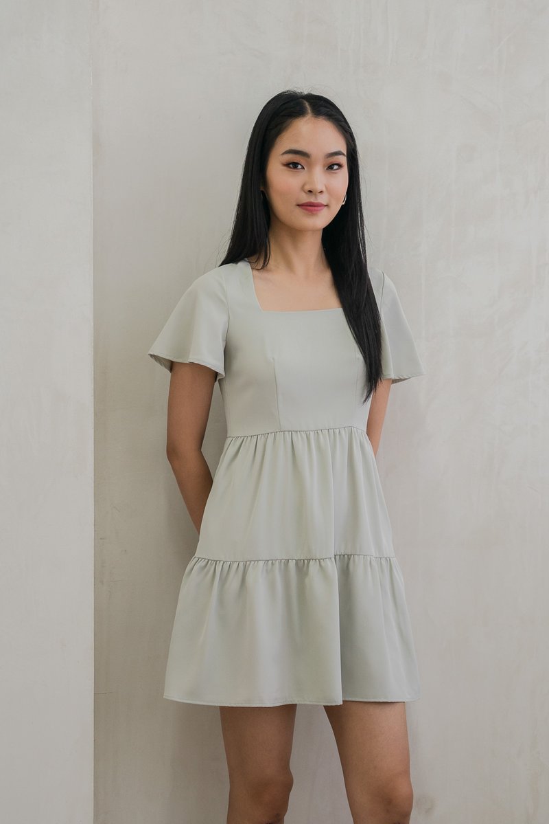 Nara Flare Sleeve Tiered Dress In Sage (XS)