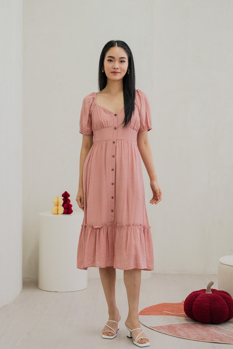 Tule Textured Front Button Midi Dress In Rose