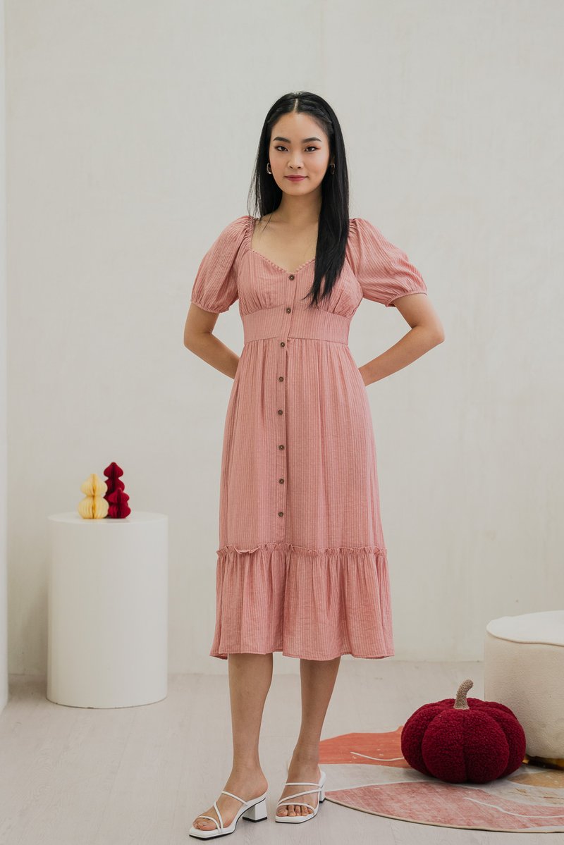 Tule Textured Front Button Midi Dress In Rose