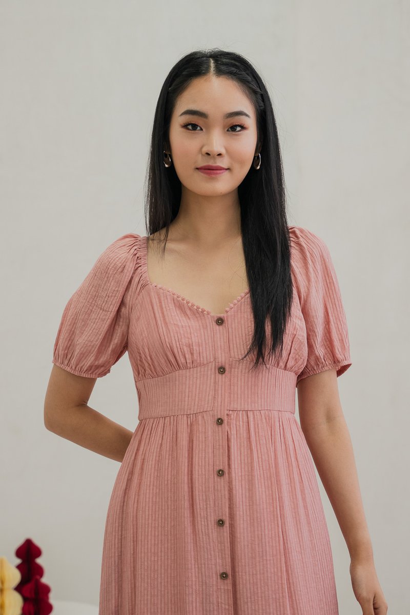 Tule Textured Front Button Midi Dress In Rose