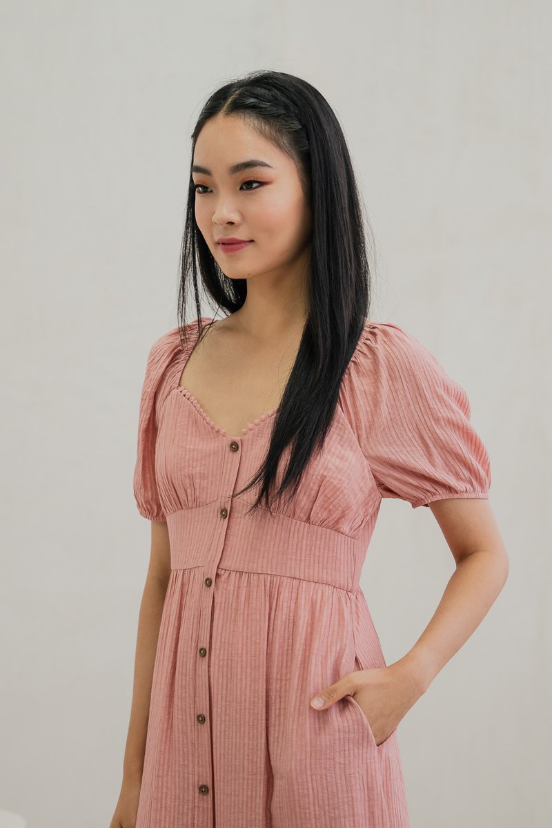 Tule Textured Front Button Midi Dress In Rose