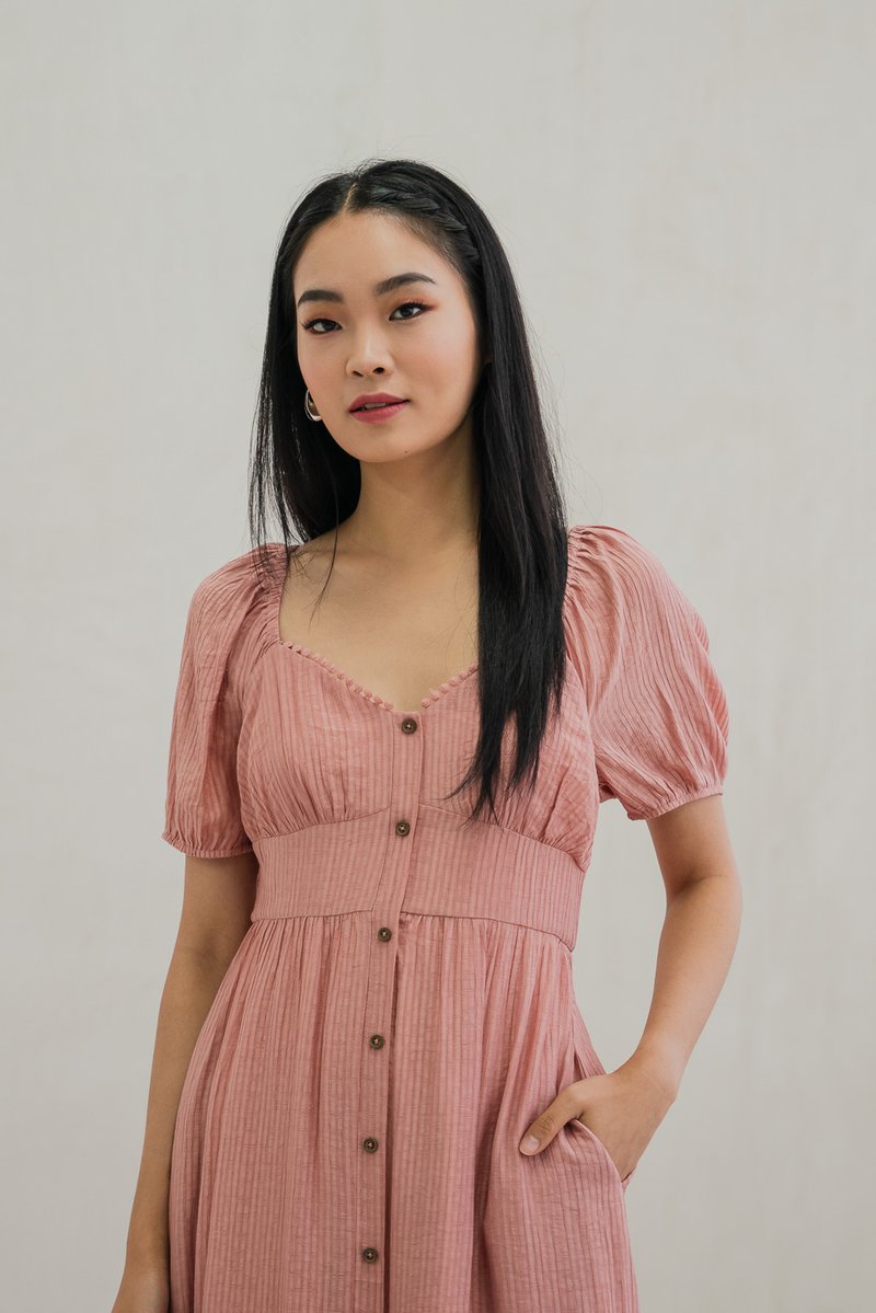 Tule Textured Front Button Midi Dress In Rose