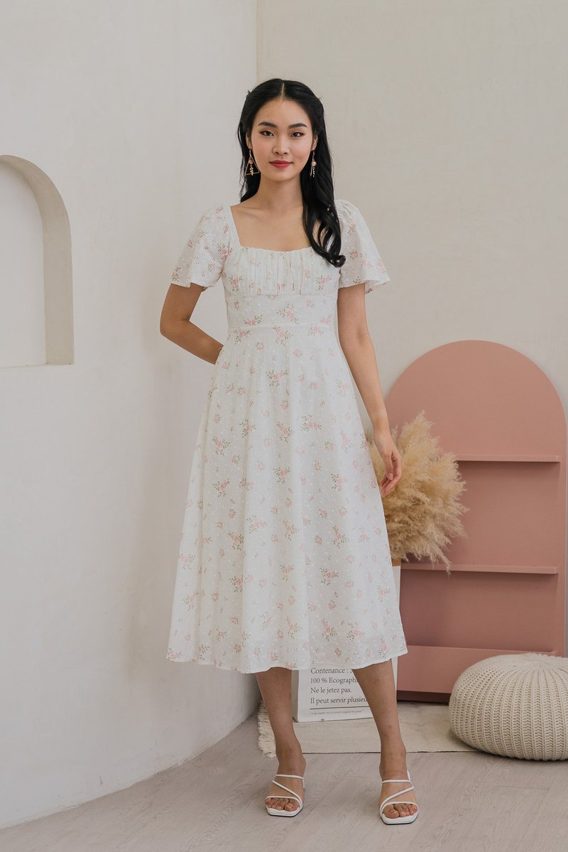 Blooming Eyelet Ruched Midi Dress In Pink