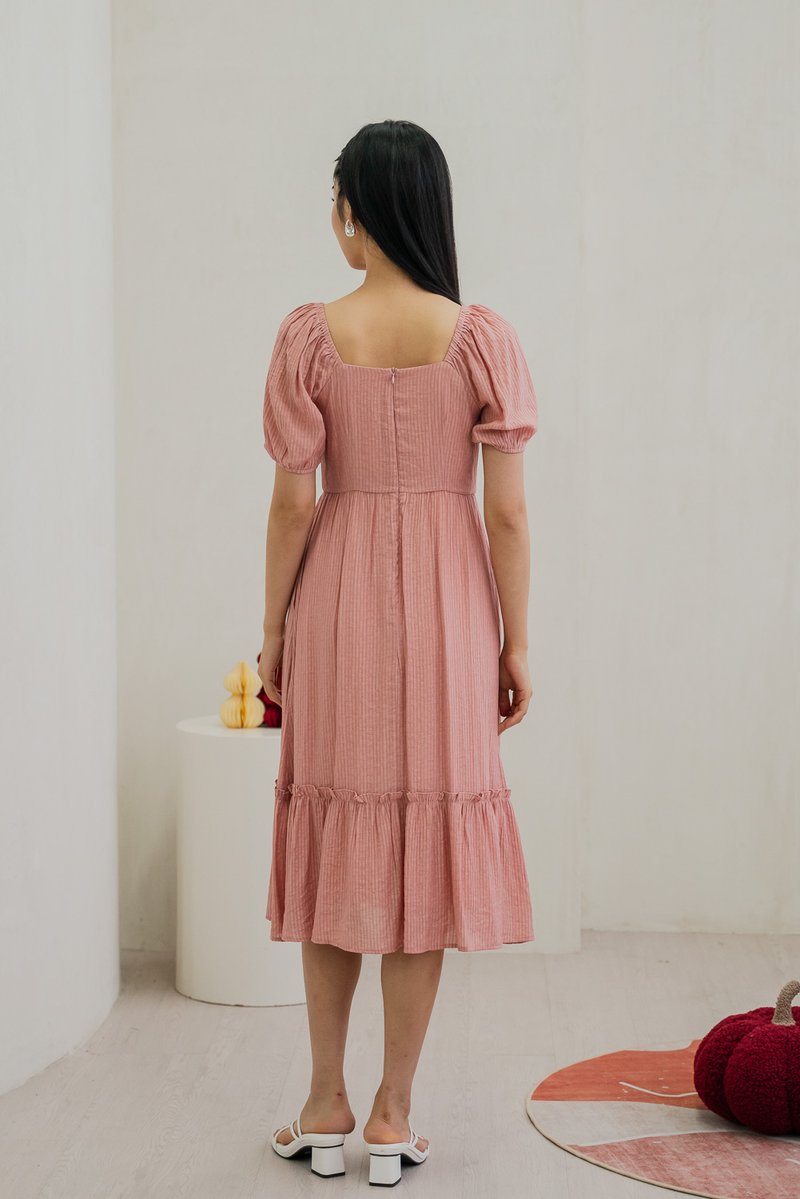 Tule Textured Front Button Midi Dress In Rose