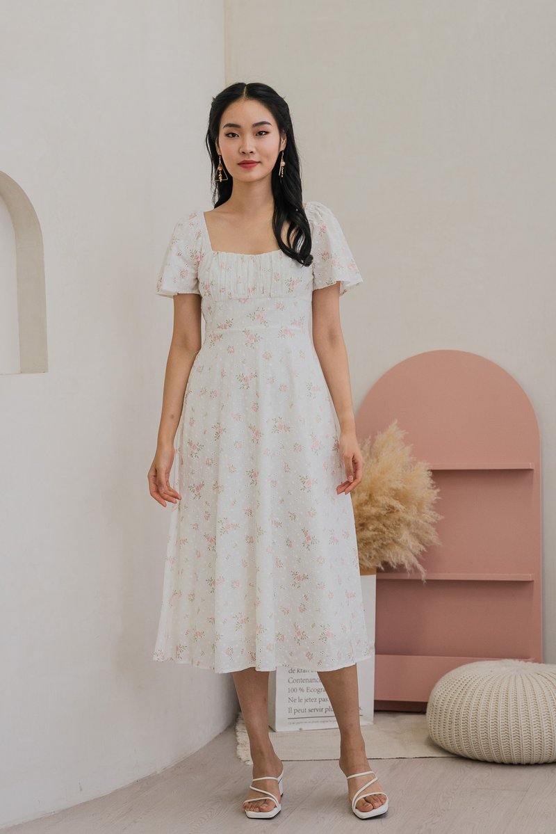 Blooming Eyelet Ruched Midi Dress In Pink