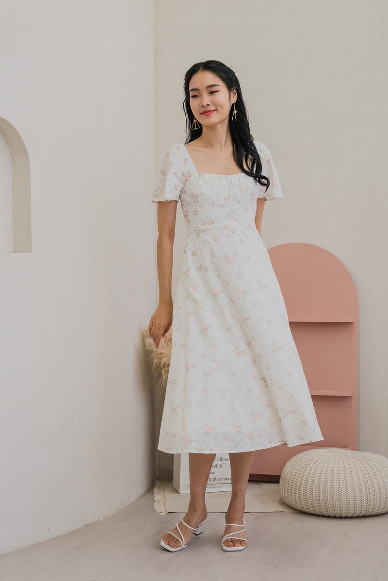 Blooming Eyelet Ruched Midi Dress In Pink