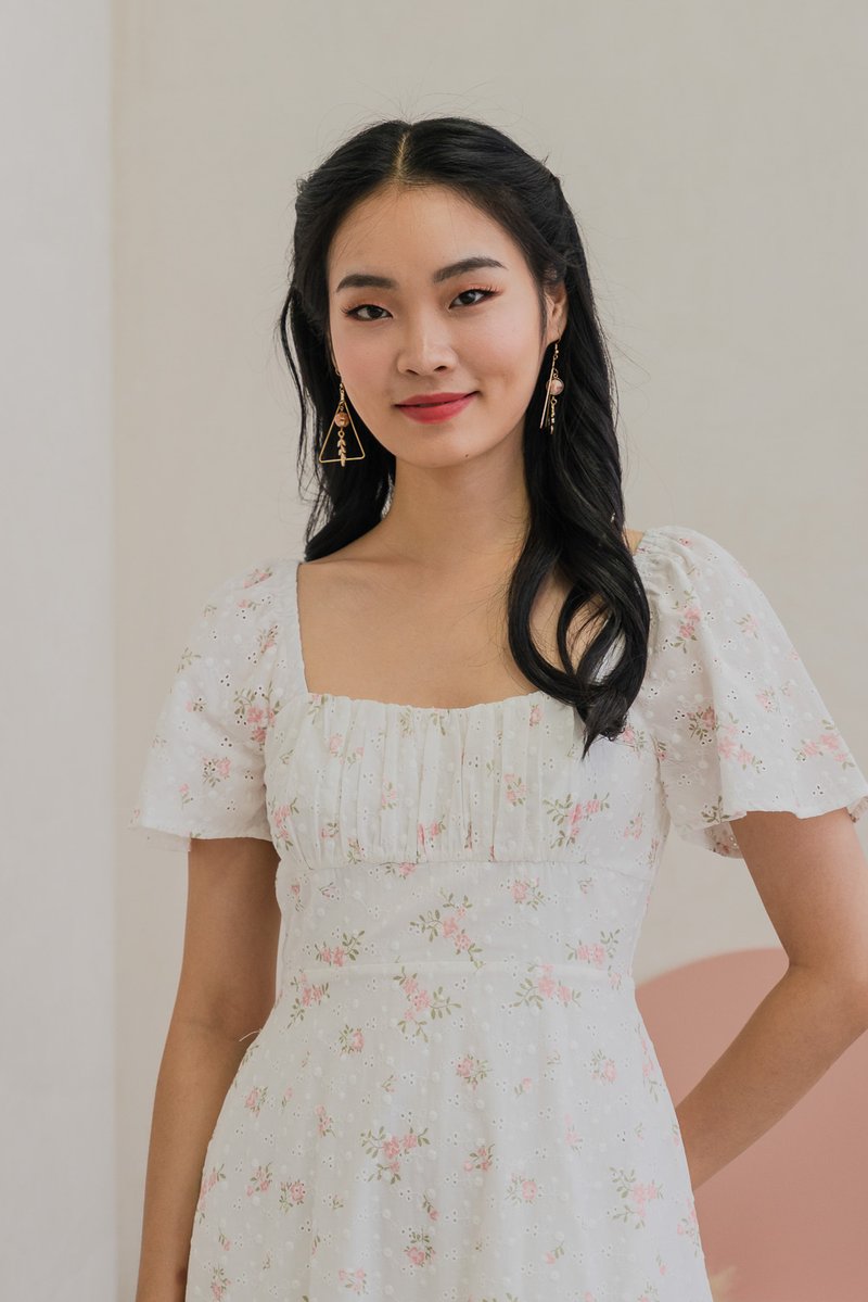 Blooming Eyelet Ruched Midi Dress In Pink