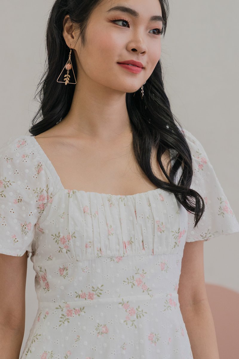 Blooming Eyelet Ruched Midi Dress In Pink