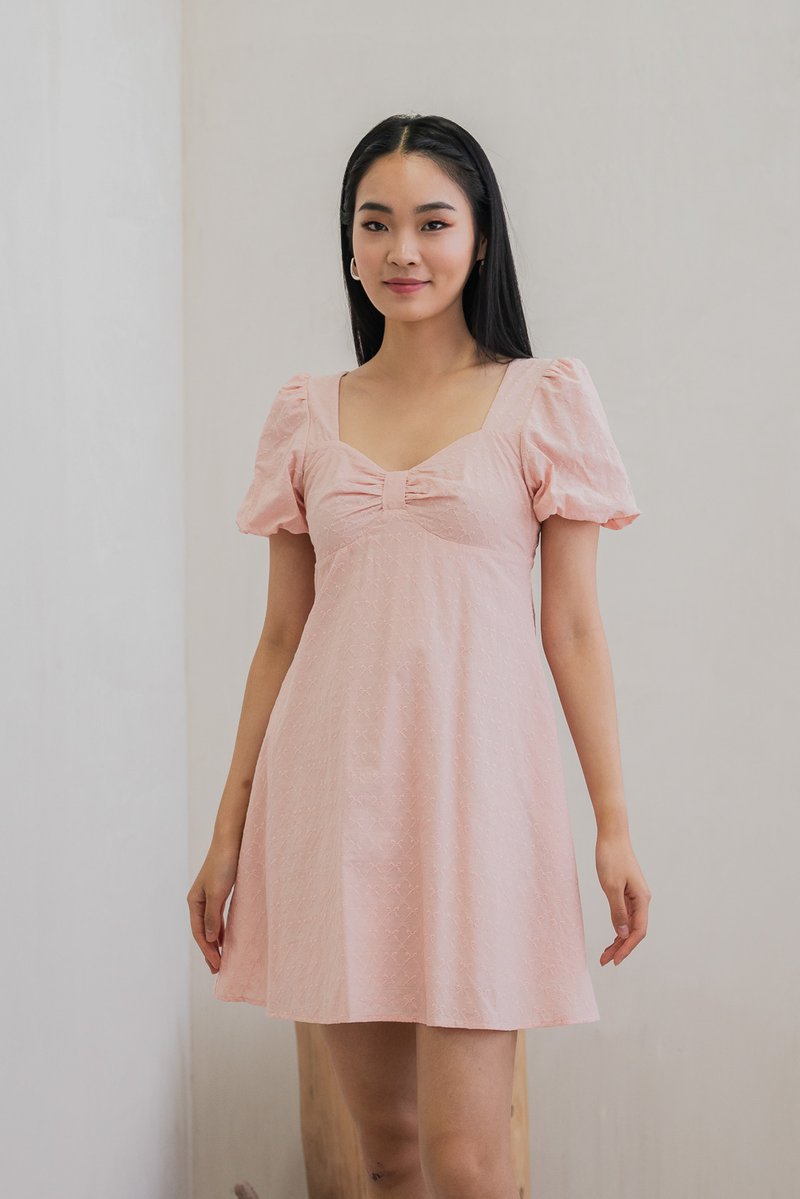 Bambi Ribbon Embroidery Puff Sleeve Dress In Pink (XS)