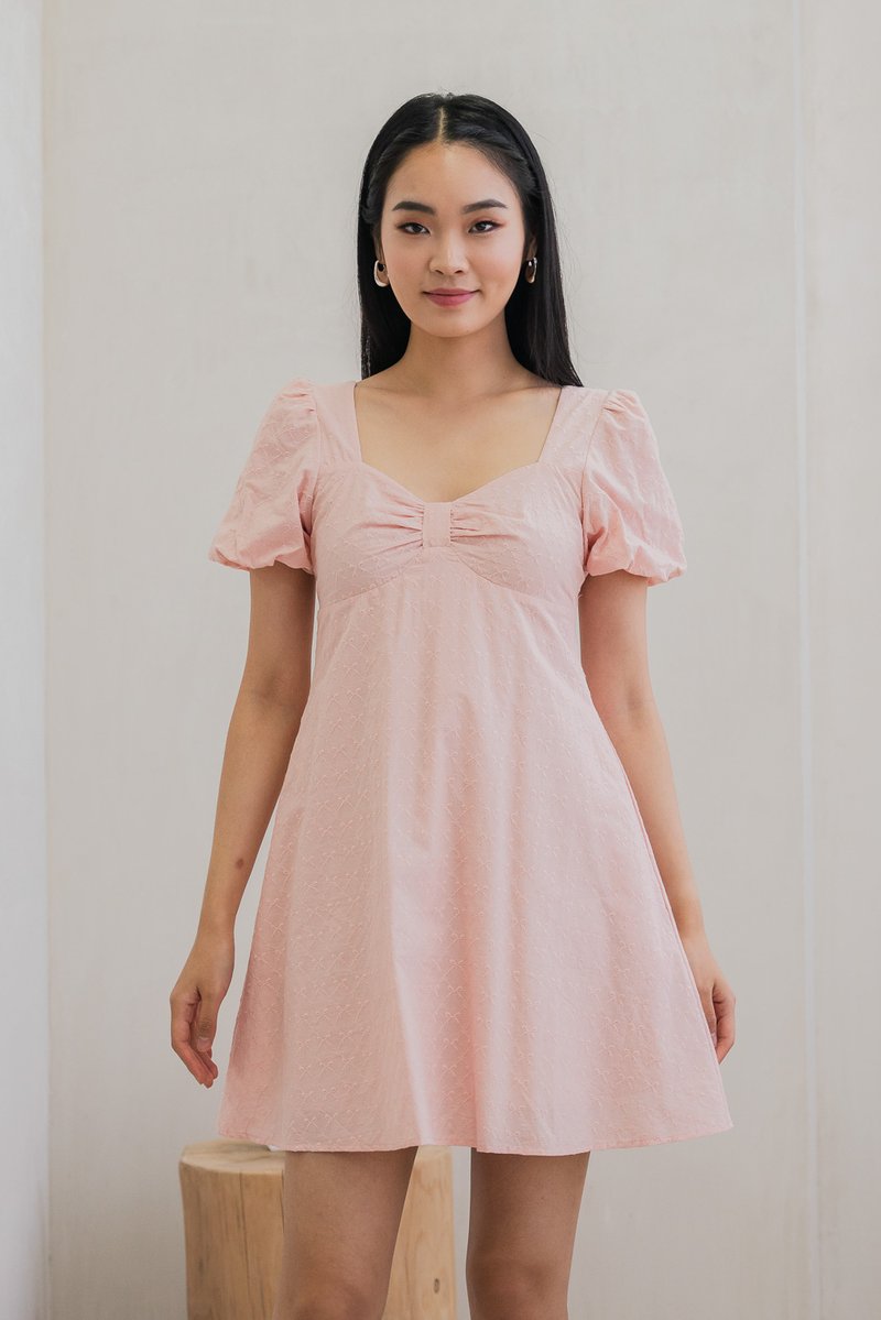 Bambi Ribbon Embroidery Puff Sleeve Dress In Pink (XS)