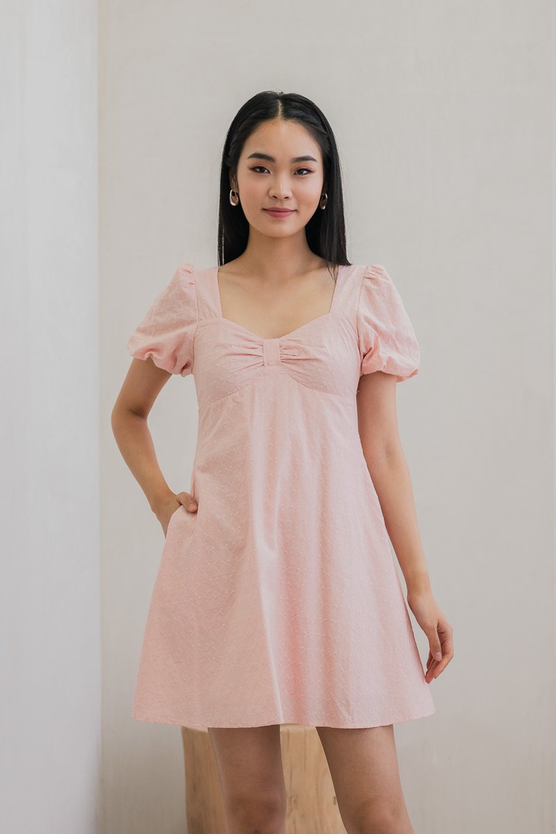 Bambi Ribbon Embroidery Puff Sleeve Dress In Pink (XS)