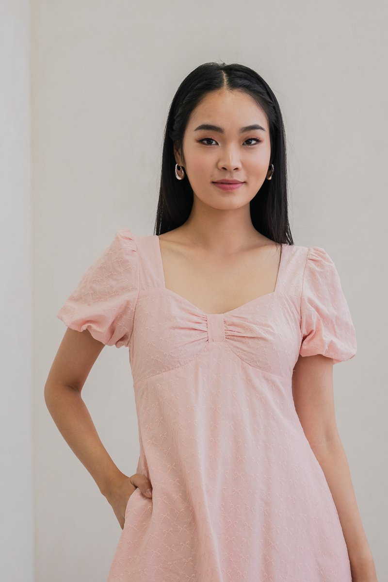 Bambi Ribbon Embroidery Puff Sleeve Dress In Pink (XS)