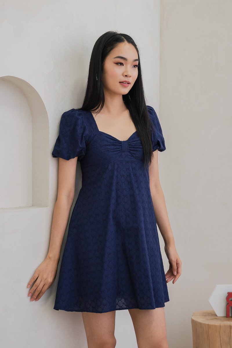 Bambi Ribbon Embroidery Puff Sleeve Dress In Navy