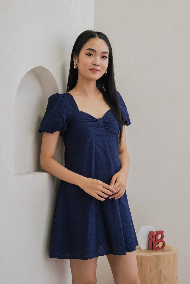 Bambi Ribbon Embroidery Puff Sleeve Dress In Navy