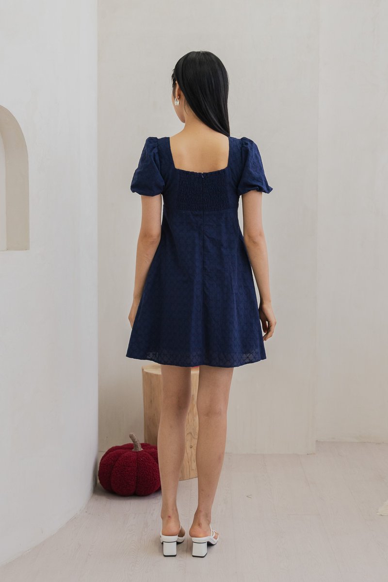 Bambi Ribbon Embroidery Puff Sleeve Dress In Navy