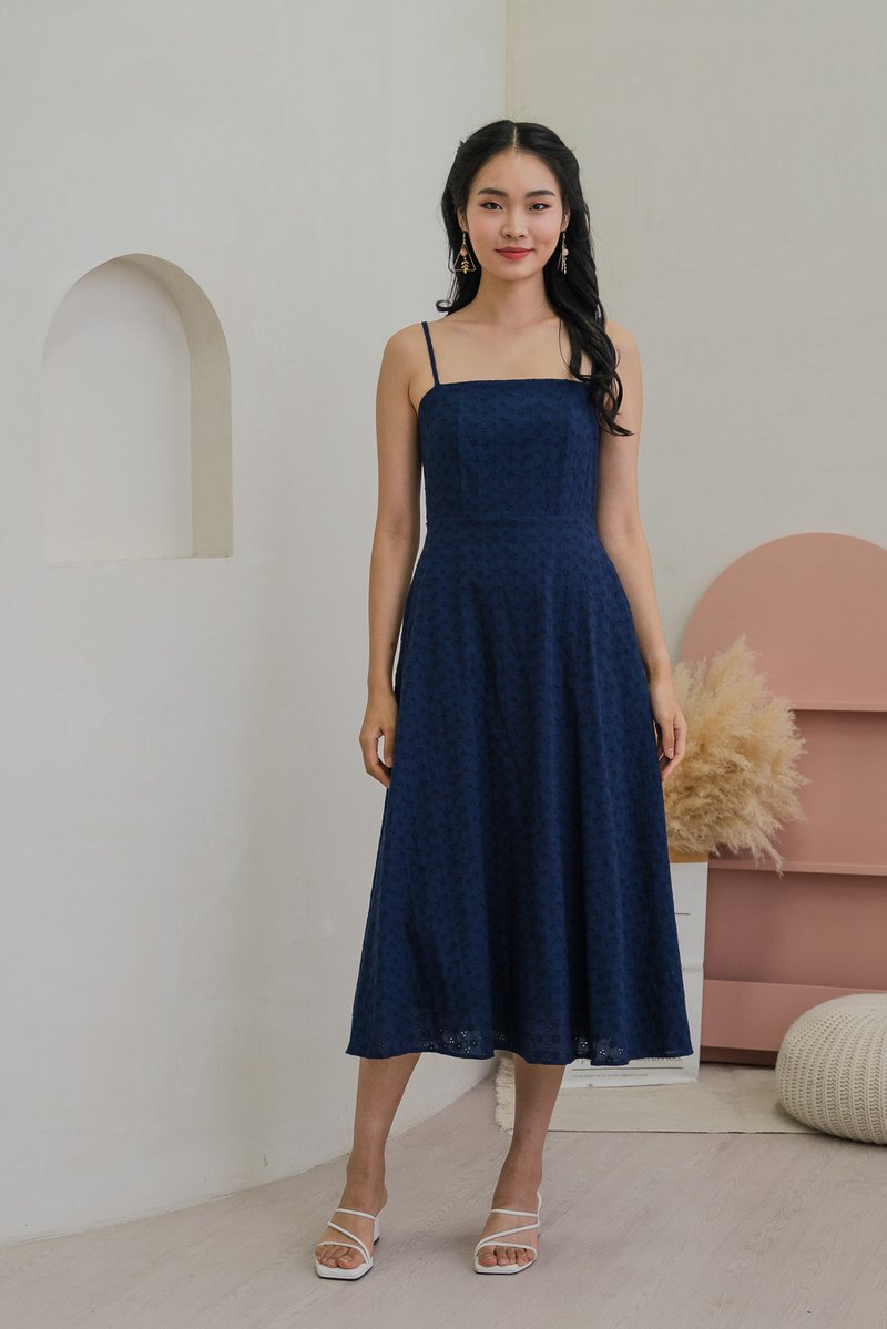 Carly Embroidery Eyelet Camisole Midi Dress In Navy (XS)