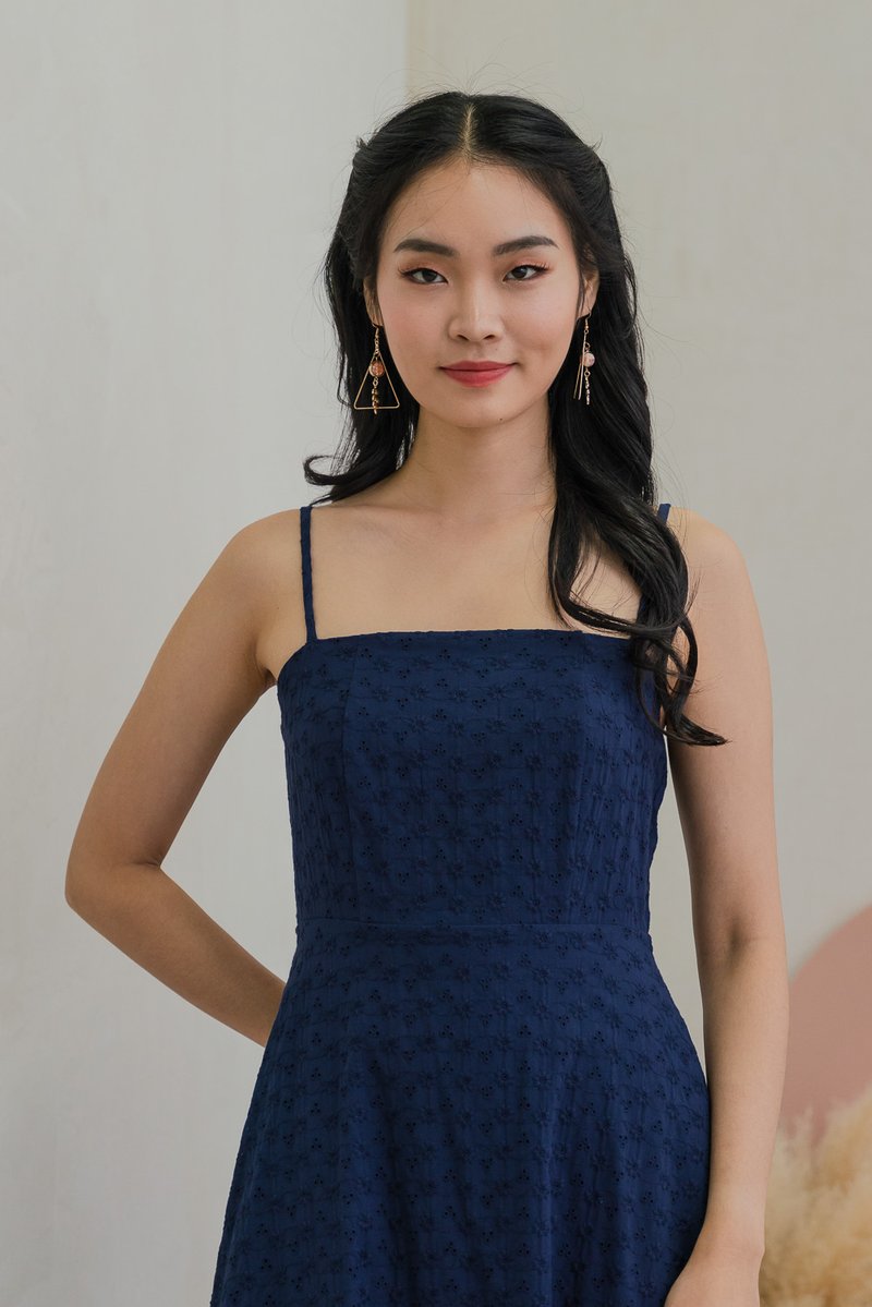 Carly Embroidery Eyelet Camisole Midi Dress In Navy (XS)