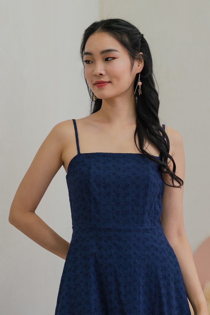 Carly Embroidery Eyelet Camisole Midi Dress In Navy (XS)