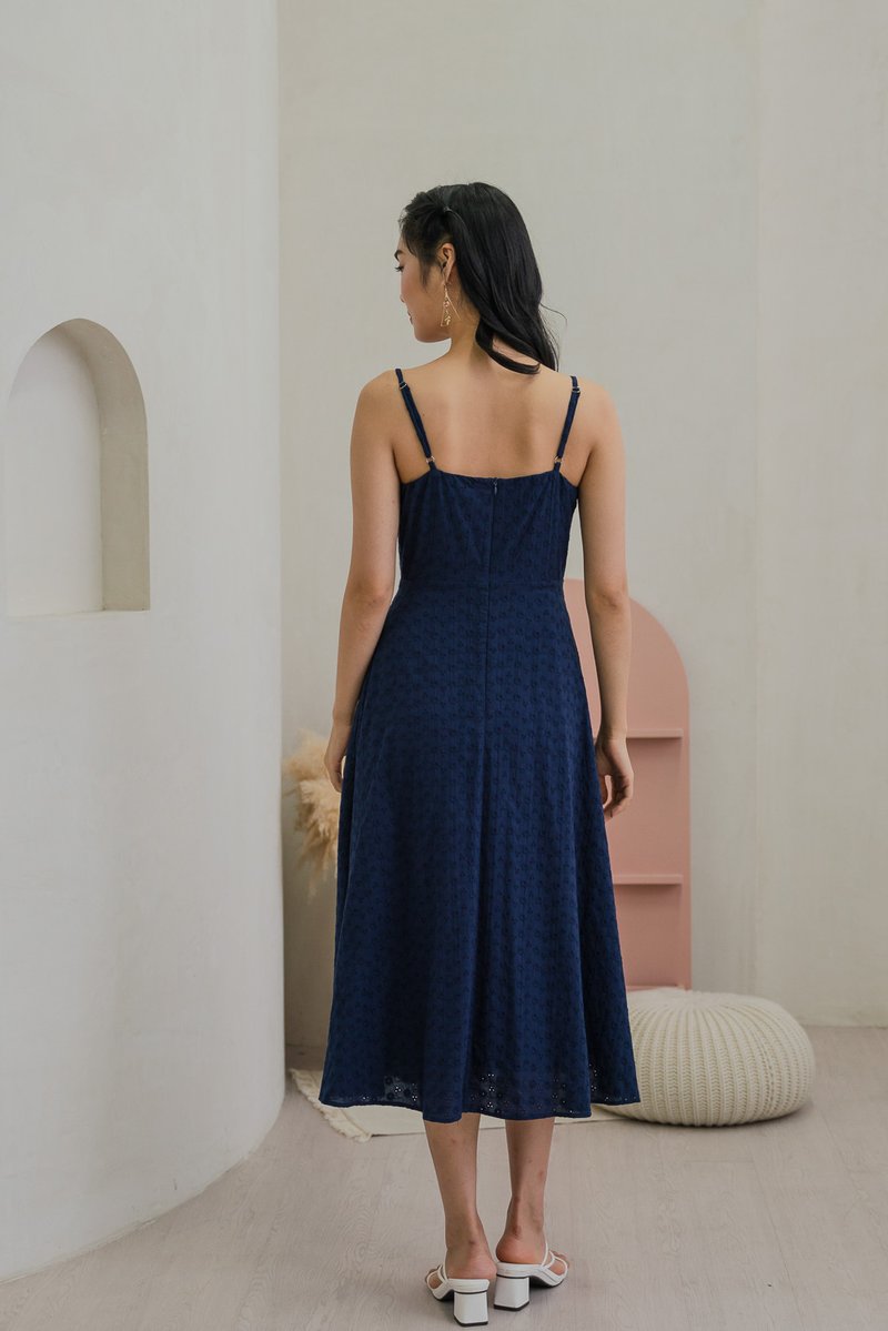 Carly Embroidery Eyelet Camisole Midi Dress In Navy (XS)