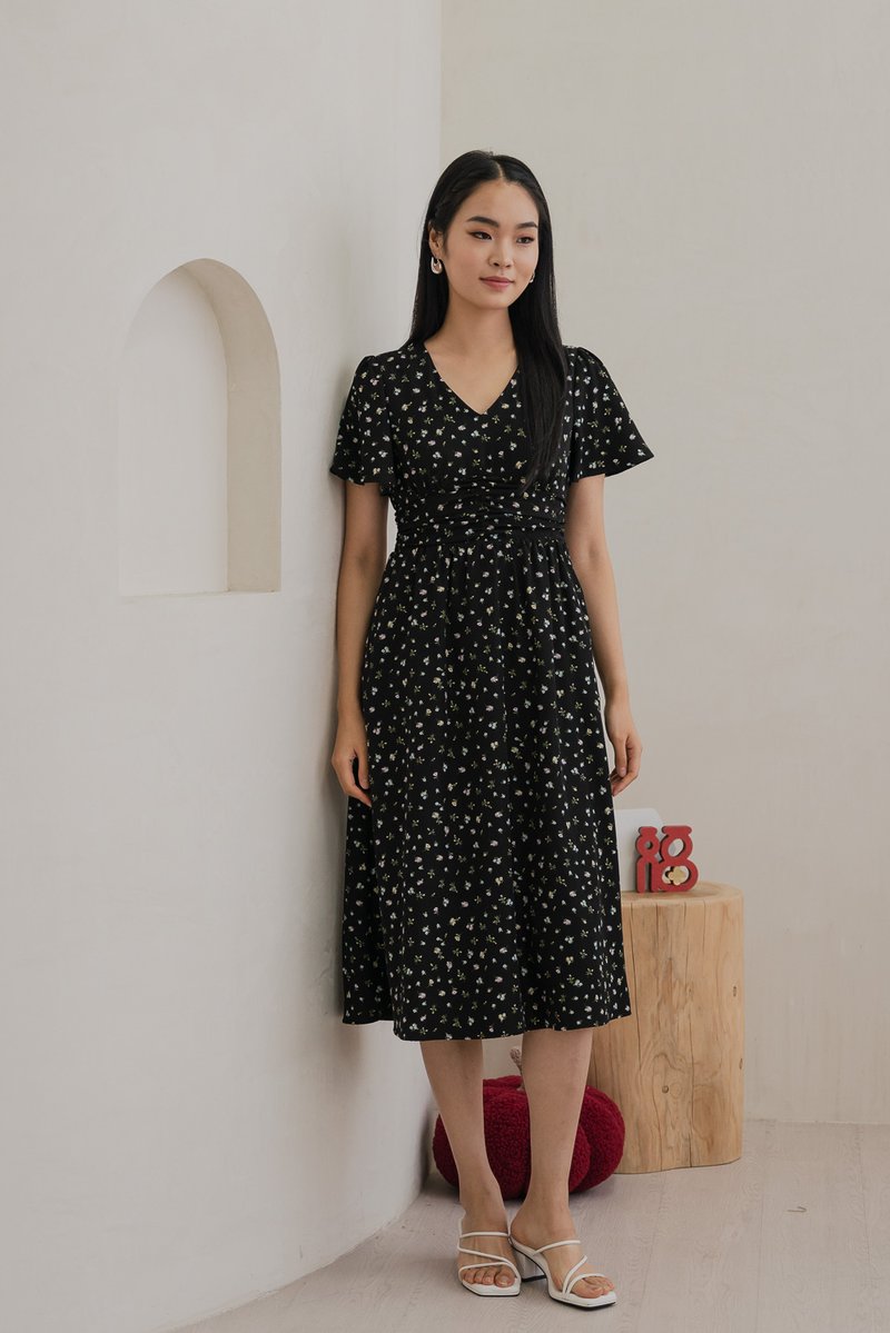 Raven Floral Ruched Midi Dress In Black (XS)
