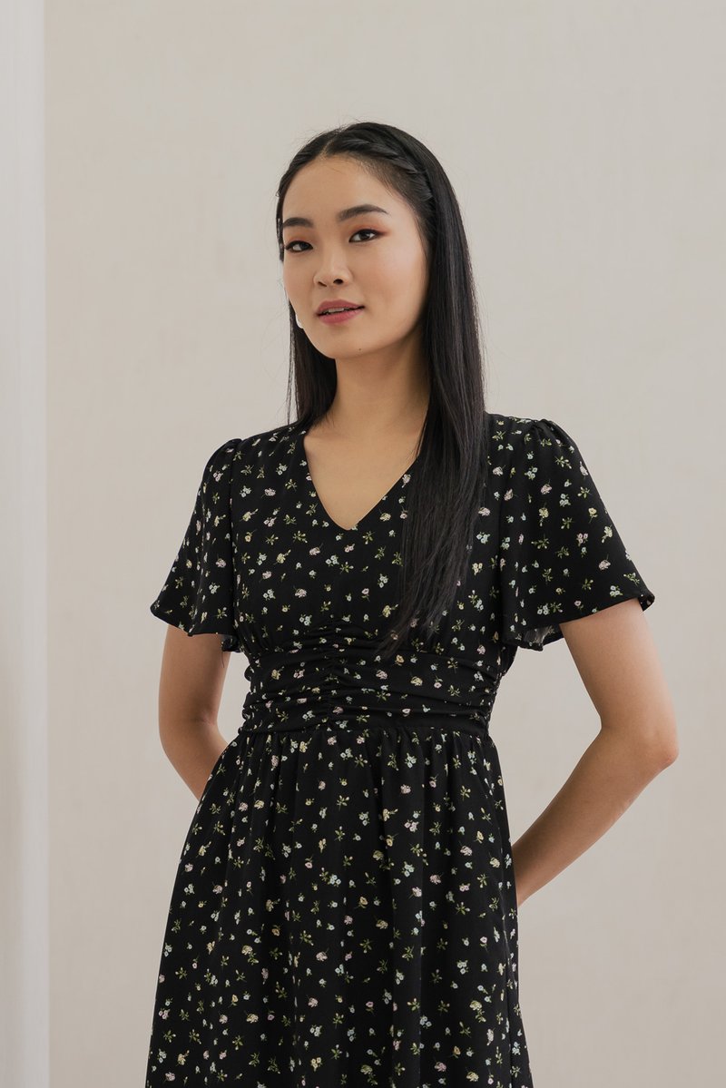 Raven Floral Ruched Midi Dress In Black (XS)