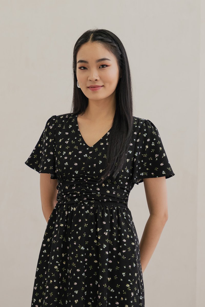 Raven Floral Ruched Midi Dress In Black (XS)
