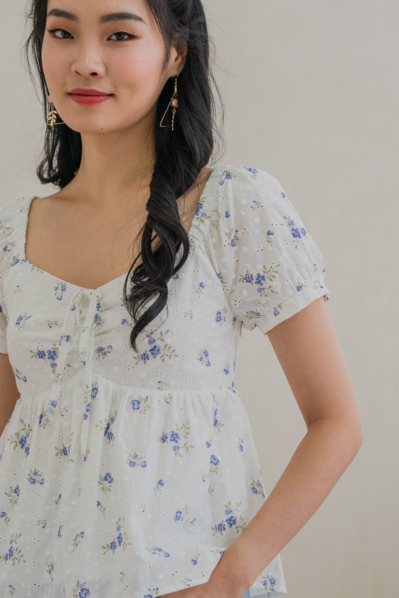 Blooming Eyelet Sweetheart Ribbon Top In Blue (XS)