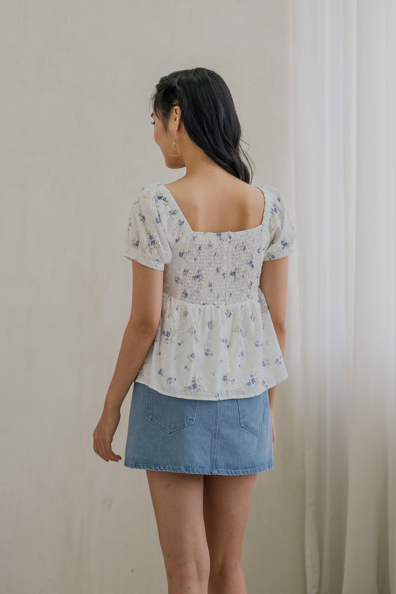 Blooming Eyelet Sweetheart Ribbon Top In Blue (XS)