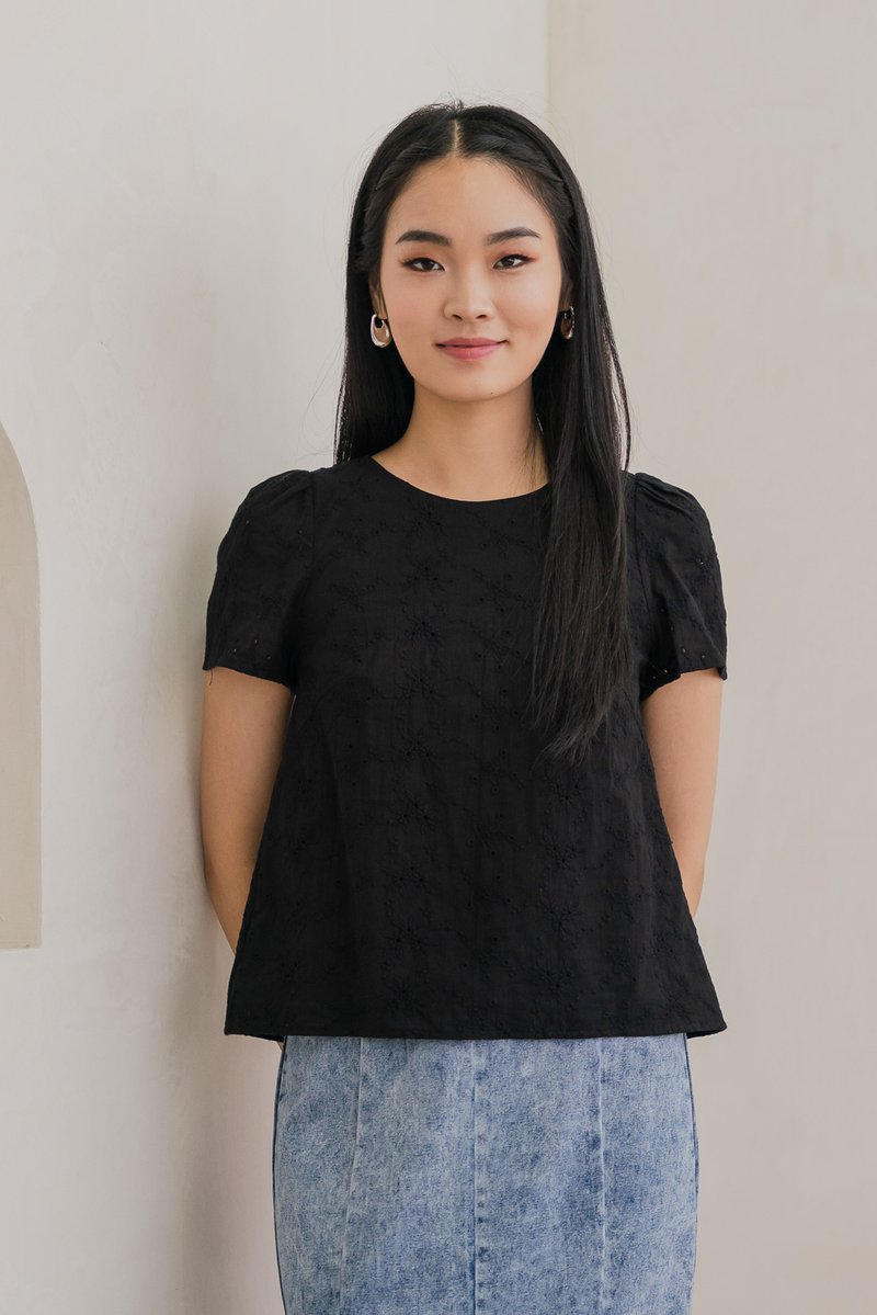 Cyprus Crochet Eyelet Tie-back Top In Black