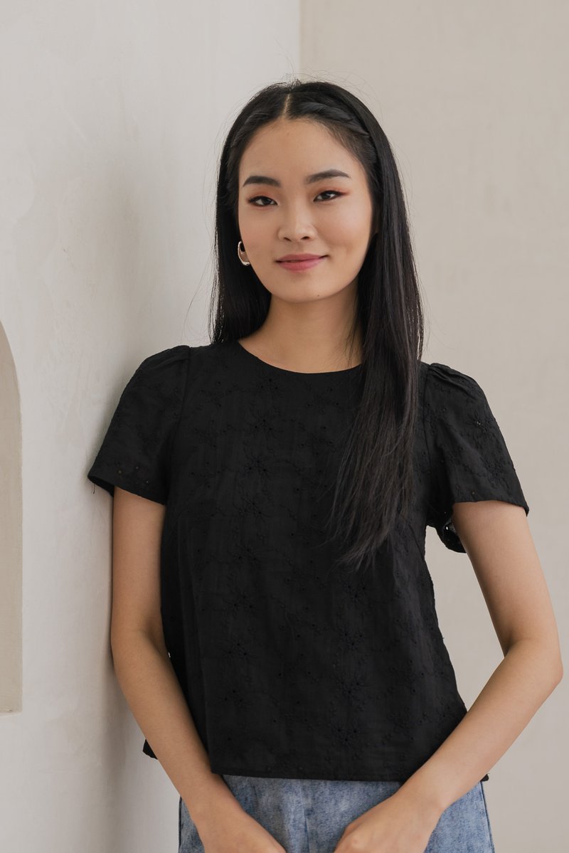 Cyprus Crochet Eyelet Tie-back Top In Black