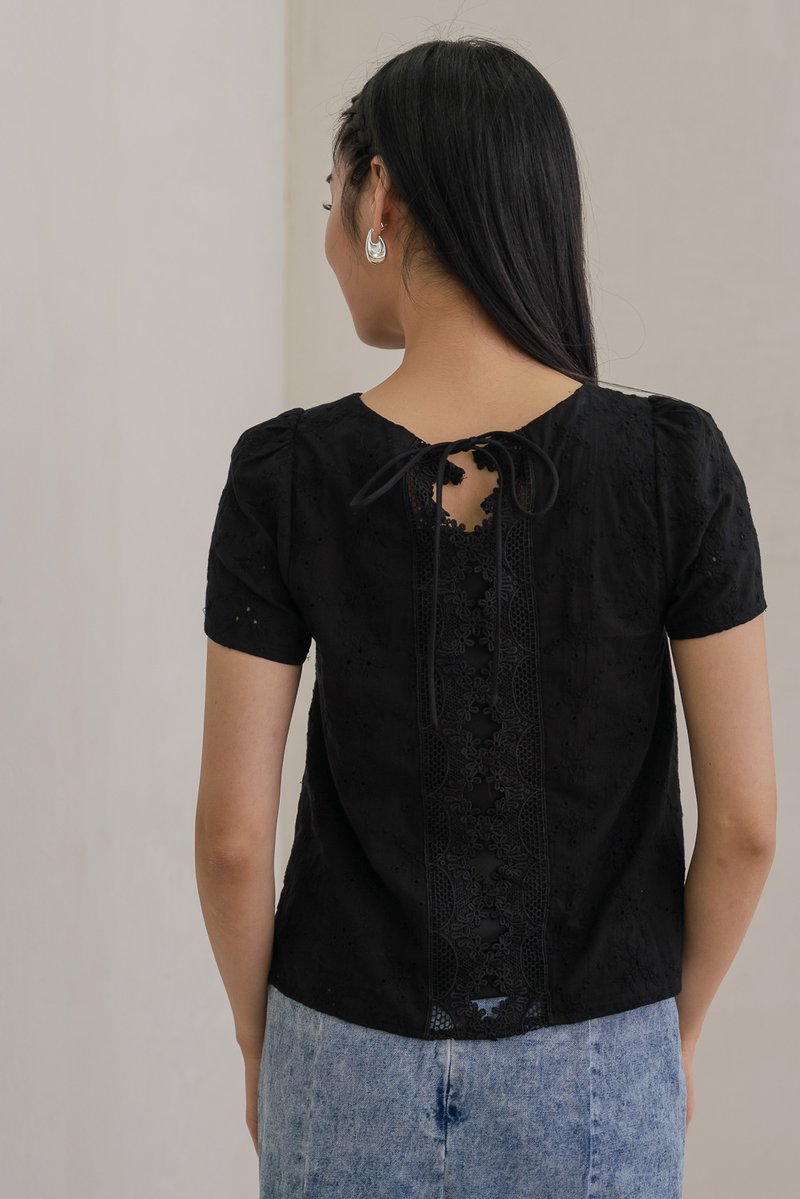 Cyprus Crochet Eyelet Tie-back Top In Black