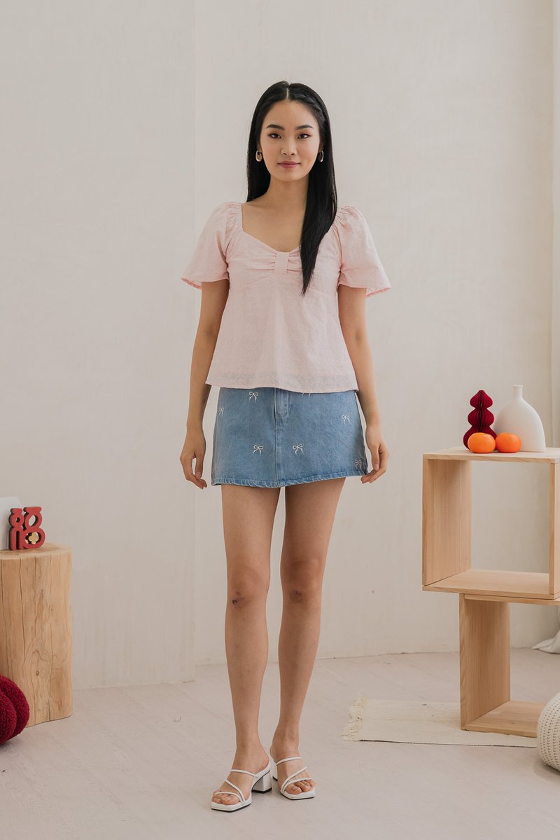 Bambi Ribbon Embroidery Bow Top In Pink