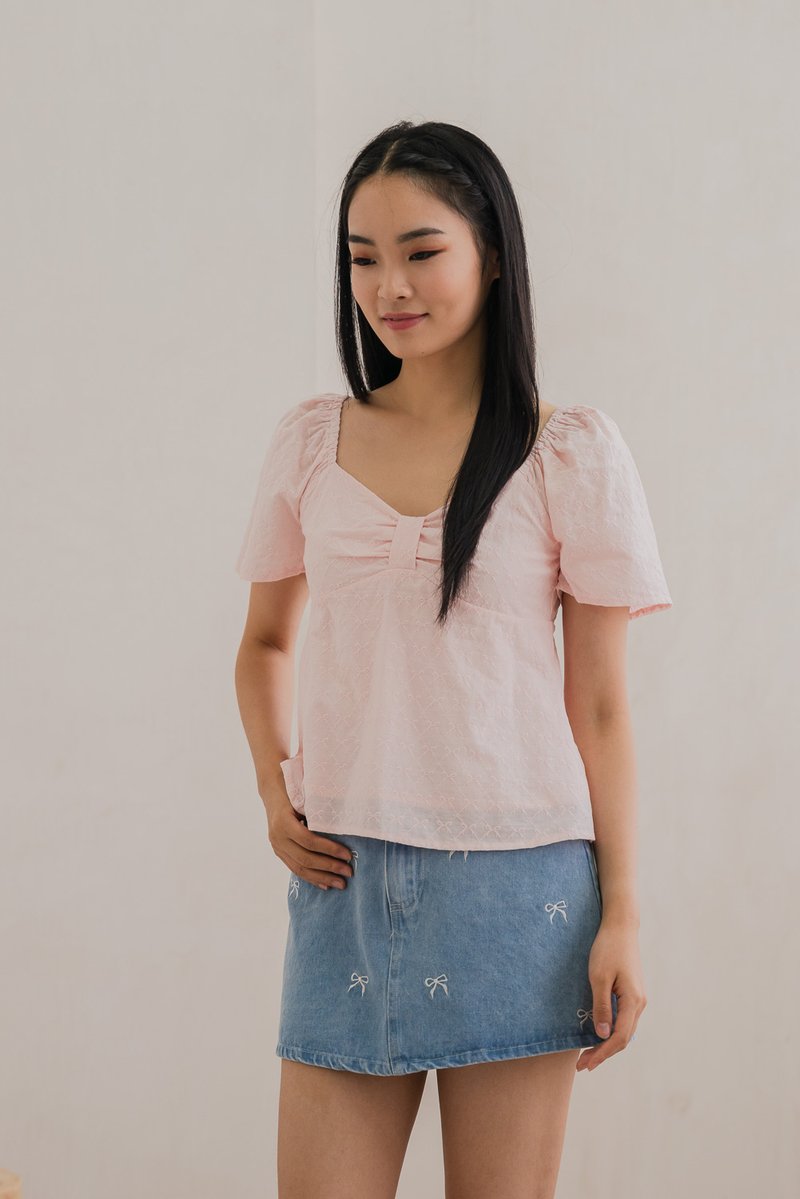 Bambi Ribbon Embroidery Bow Top In Pink