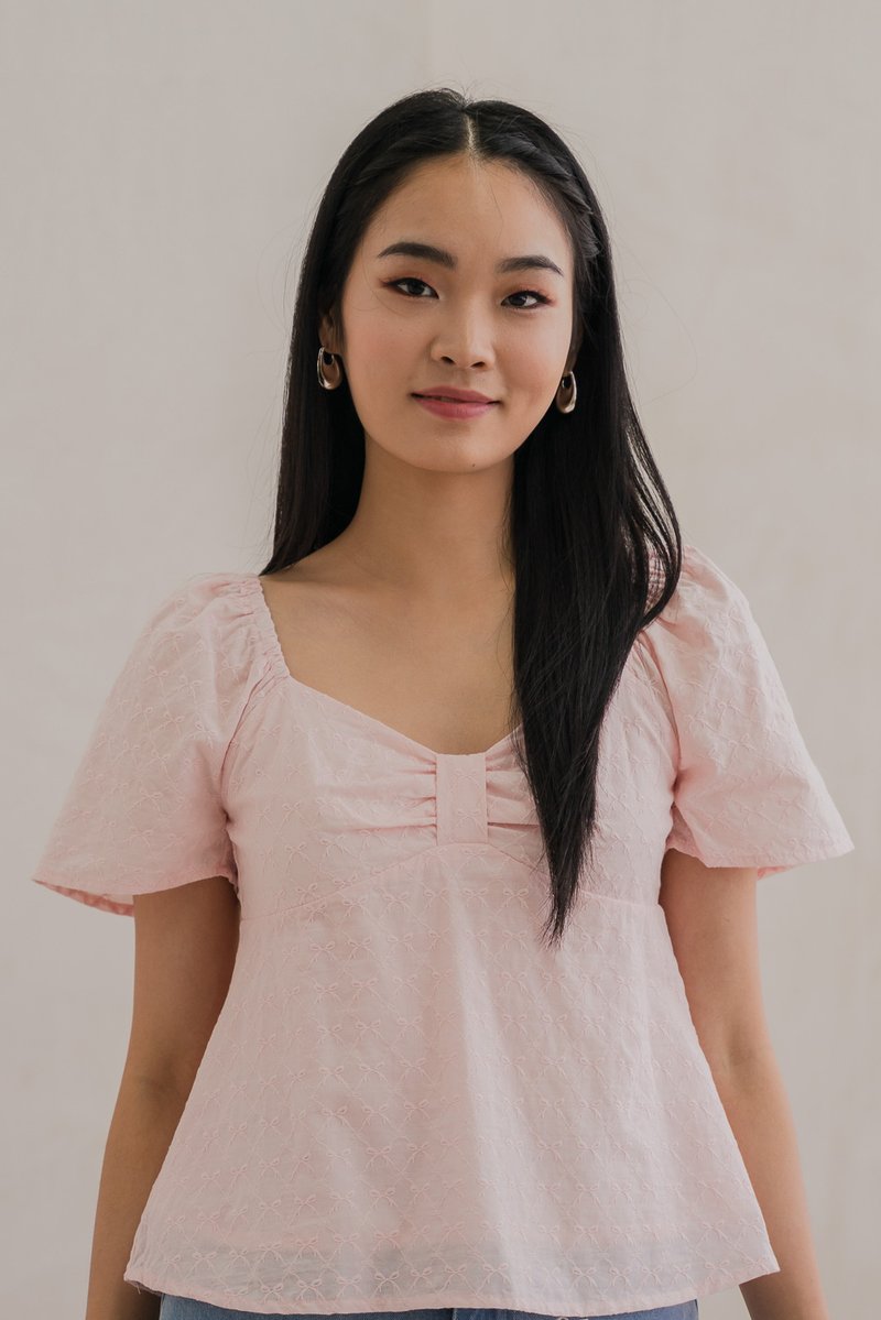 Bambi Ribbon Embroidery Bow Top In Pink