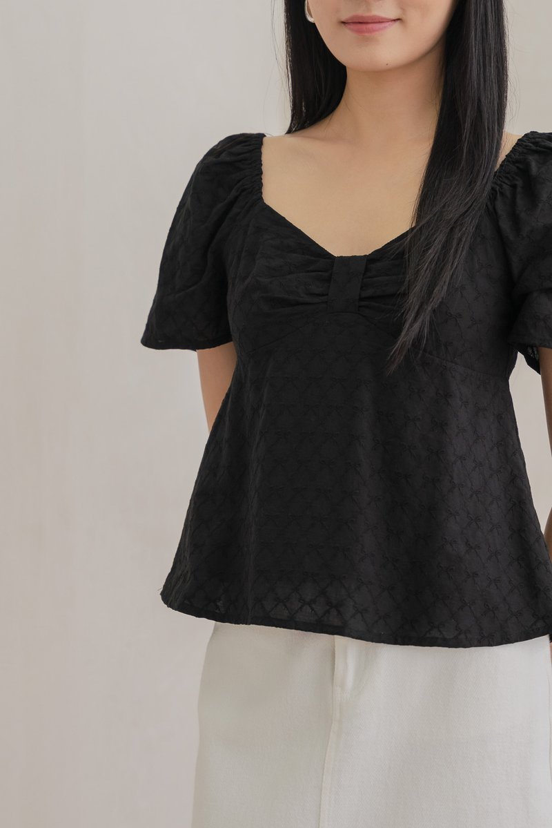 Bambi Ribbon Embroidery Bow Top In Black
